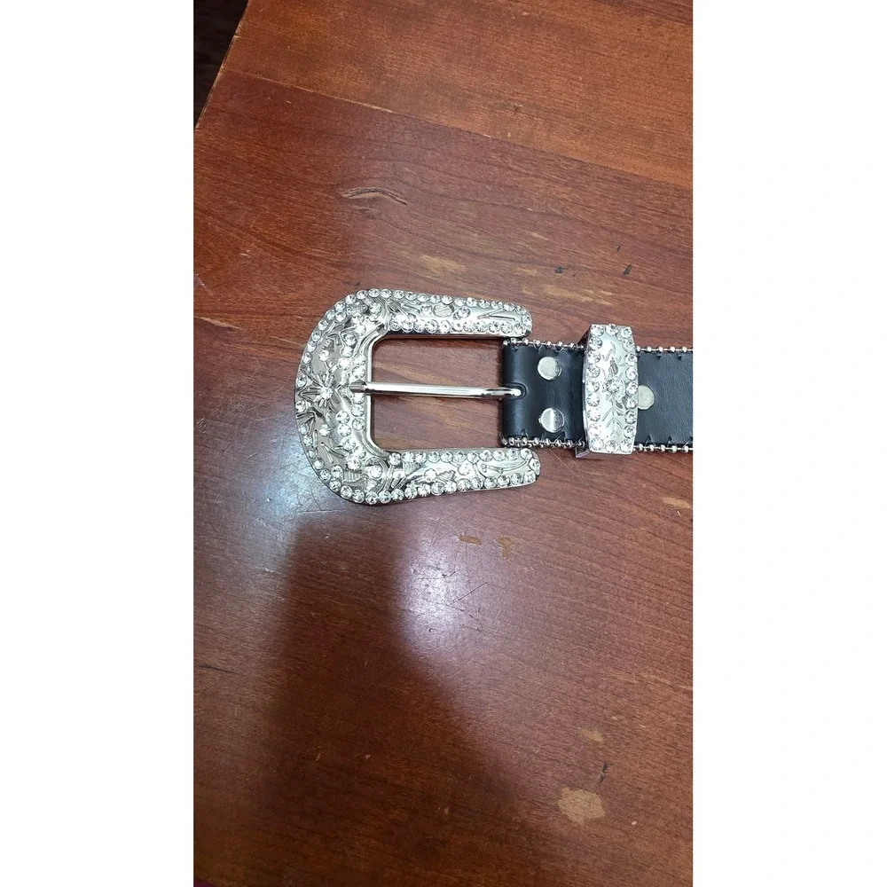 Unbranded Western Rhinestone Cross Belt Black Silver Studded Y2K Large XL 46in